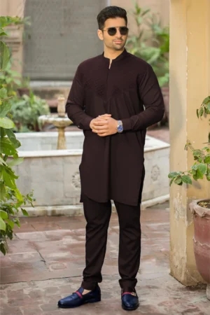 All Season Stitched Maroon Kurta Trouser Set with Ban Collar Design