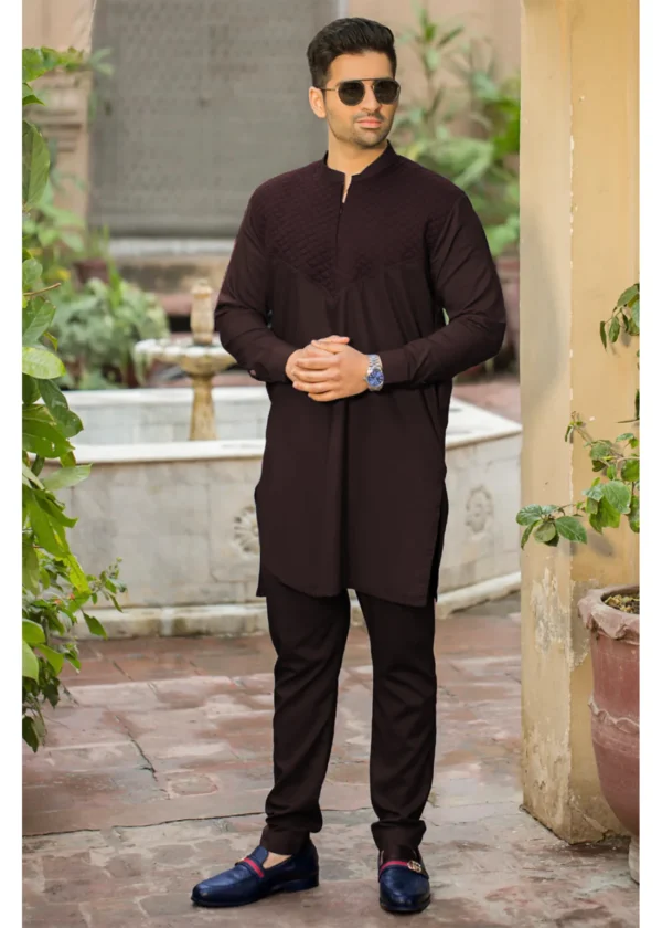 All Season Stitched Maroon Kurta Trouser Set with Ban Collar Design