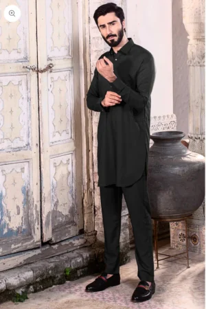 Elegant Black Stitched Kurta Suit with Slim Fit Trouser for Men