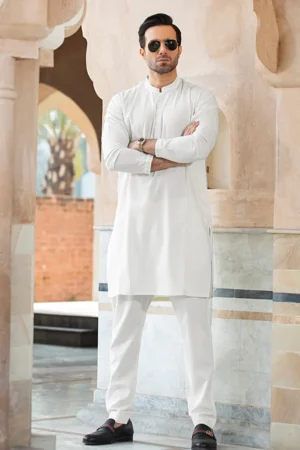 Elegant Egg-White Embroidered Kurta with Ankara Stitch & Slim-Fit Trouser