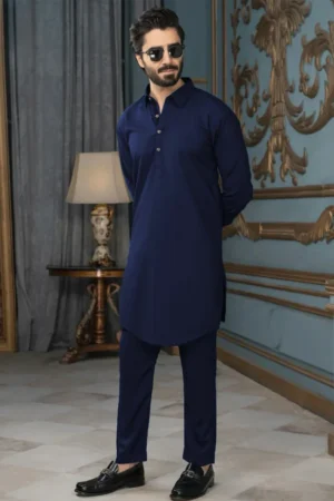 Elegant Navy Gold Button Kurta Set – All Season Ban Suit for Men