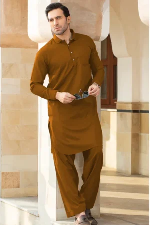 Festive Collection Neon Brown Ban Collar Suit with Shalwar & Trouser